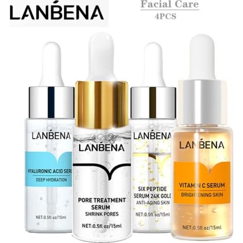 LANBENA Hyaluronic Acid Serum+ Vitamin C Serum+ 24K Gold Serum+Pore Treatment Serum Face Serum 15ml 4PCS