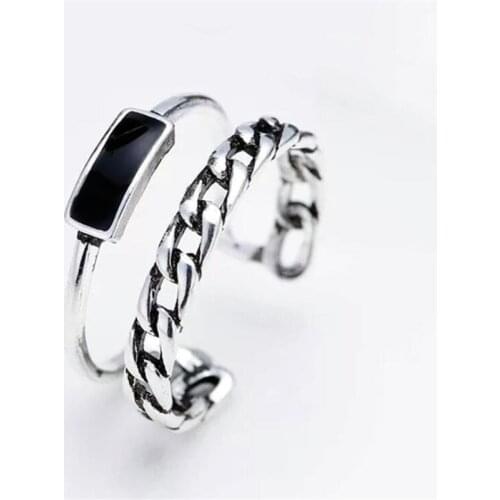 New Simple Retro Double Chain Style Drop Epoxy 925 Sterling Silver Jewelry Personality Rectangular Geometric Opening Rings SR564