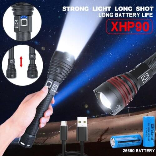 Portable Flashlight Strong Light Aluminum Alloy Xhp90 Led Flashlight Rechargeable 3 Modes Flashlight With Two 26650 Batteries