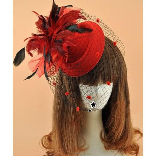 Queenestar Luxury Feather Top Hat Hair Fascinator Bride Veil Wedding Hat Women Mesh Hairpin Costume Party Net Flower Headpiece
