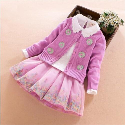 European and American autumn new 2019 Parent-child outfit flowers Knit cardigans + shirts + skirts Girls suit