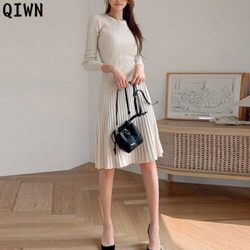 High Elastic Korean Winter Sweater Dress Women Autumn 2020 One-Piece Slim Office Drawstring Midi Dress Woman Knit Pleated Dress