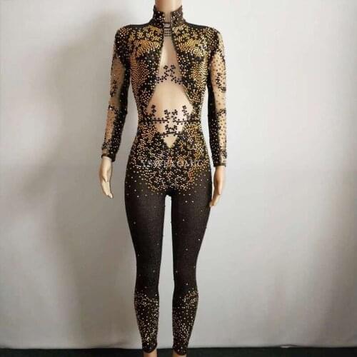 YSW Sexy Gold Black Beads Jumpsuit Women Leggings Outfit Party Costumes Stage Wear BodySuit Dance Singer Rhinestones Skinny R