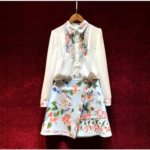 European and American womens summer 2021 new Long sleeve lapel patchwork shirt Floral print pleated skirt Fashion suits