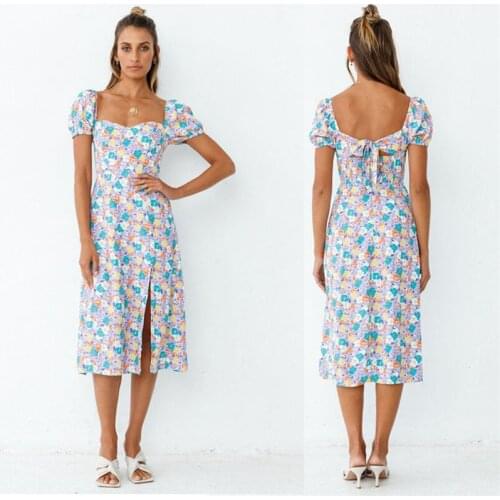 Dress Women 2021 Spring and Summer New Fashion Trend Temperament Commuter Short-sleeved Square Neck Printed Split Dress LYQ263