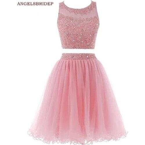 ANGELSBRIDEP 2 Pieces Homecoming Dress Party Gowns Formal Sheer Neck Beading Tulle Graduation Party Gowns Hollow Back Ruffles