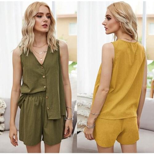 2020 Summer New Hot Fashion army green yellow Casual Suit Single Breasted zaraing vadiming sheining women Vest and Shorts Suit