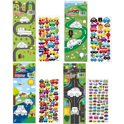 4 Sheets/set Cartoon Car Transportation Truck Bus Stickers Kids Boy 3D Bubble Foam Sticker For Laptop DIY Room Decoration