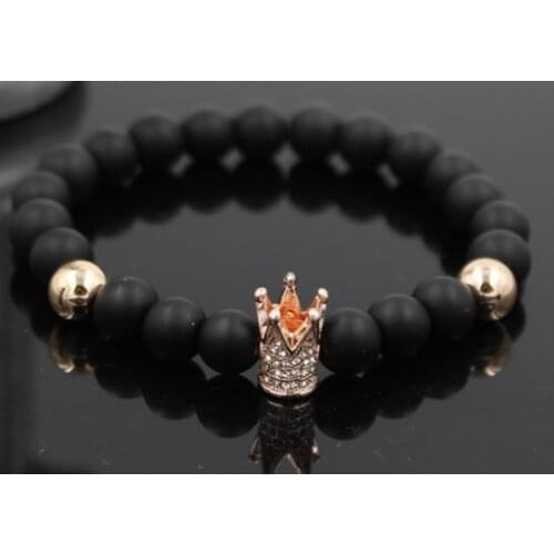 8mm xe21 gold silver micro pave cz zircon cubic zirconia Bracelet adjusted nature stone bead Crown Frosted agate Onyx Bangles