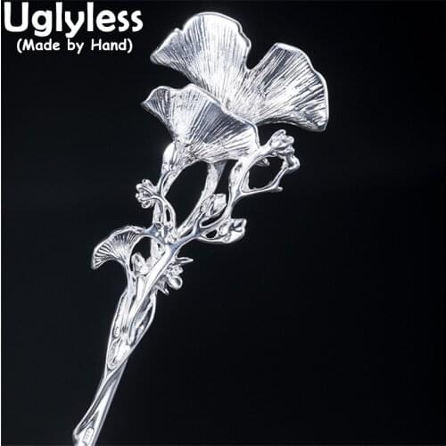 Uglyless Glossy Silver Ginkgo Leaves Hair Sticks for Women Exotic Oriental Charming 925 Silver Hair Jewelry Handmade Leaf Bijoux