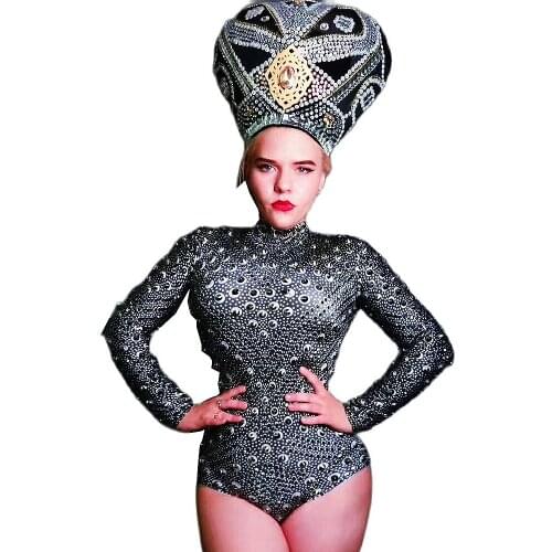 Rhinestones Bodysuit Hat Shiny Costume For Women Personality Performance Costume Party Evening Stage Wear Lady Nightclub Outfit