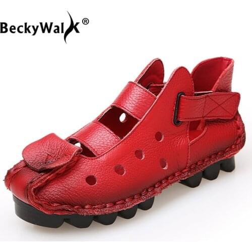 BeckyWalk Cut-Outs Genuine Leather Women Sandals Soft Moccasins Summer Driving Shoes Ladies Flat Sandals Shoes Woman WSH2980