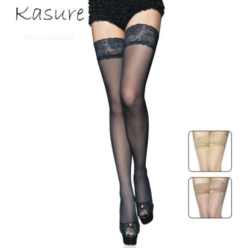KASURE Womens Sexy Fishnet Stockings With Lace Top Stay Up Silicone Grid Thigh-High Sexy Mesh Stocking for Summer Ladies