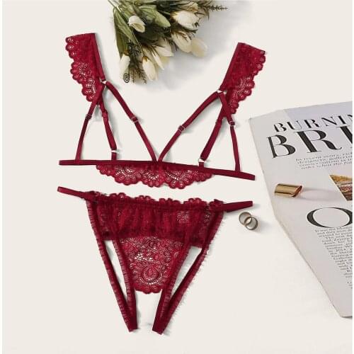 Sensual Lingerie Woman Bra Sets Erotic Lingerie Sexy Hollow Out Lace Bra And Crotchless G string Underwear Set Exotic Costumes