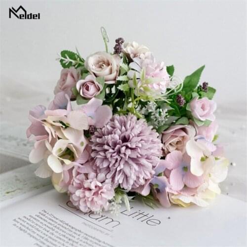 Meldel Designed Silk Rose Wedding Flower Bouquets Artificial Flowers Leaves Decorative Flower Bouquets for Home Garden Shop