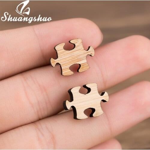 Shuangshuo Personality Puzzle Wooden Earrings Studs Unique Puzzle Stud Earrings for Women Girls Christmas Gifts Hot Sale Jewelry