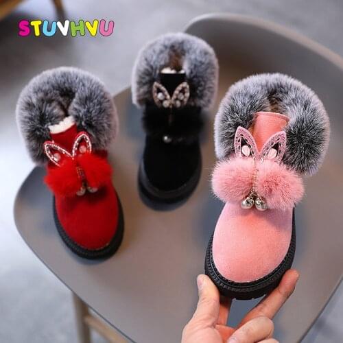 2021 New Winter Children Snow Boots Flats Plush Girls Princess Cotton Shoes Fashion Rabbit Ear Plus Velvet Warm Kids Short Boots