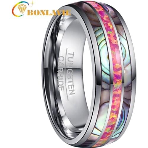 BONLAVIE Tungsten Carbide Ring 8mm Wide Dome Steel Inlaid with Two Acacia + Deep Magenta Opal Tungsten Steel Ring Wedding Band