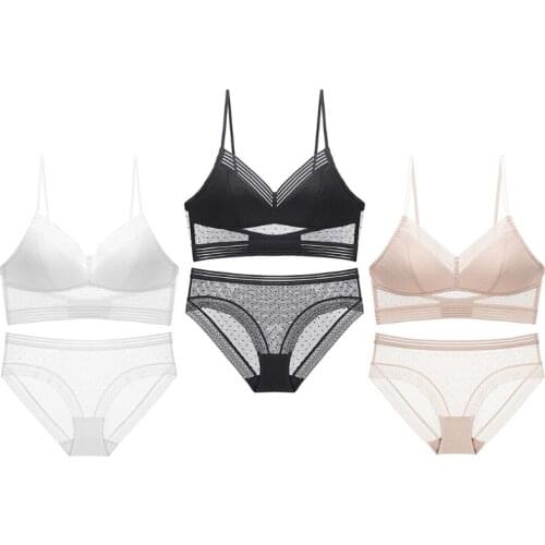 Women Sexy Backless Wireless Bra Panties Set Striped Polka Dot Mesh Underwear