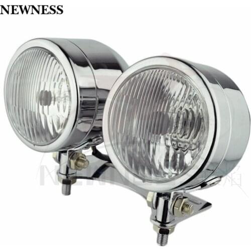 Motorcycle Custom Round Headlight Lamp Dual 4" Lens Bracket Base Bottom Black Chrome Clear Lens Cafe Racer