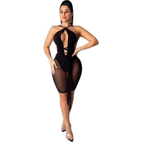 Summer New Sexy Mesh See-through Lace-up Mini Dress Female Sleeveless Lace-up Tight-fitting High-elastic Tight-fitting Dress