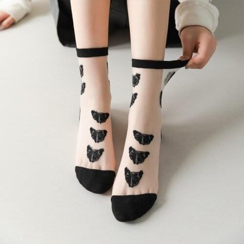 Summer Butterfly Pattern Socks Transparent Glass Silk Socks For Girl Women Fashion Embroidered Ultra-thin Breathable Short Sock