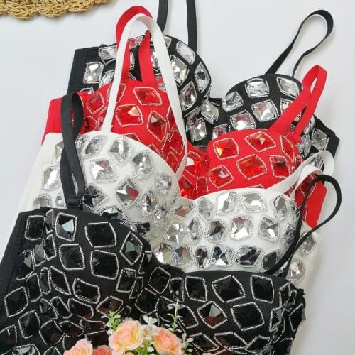 Fashion Nightclub Party Tube Top Acrylic Beaded Sexy Camisole Hot Girl Cropped Backless Tops Female Push Up Gathered Bustier Bra