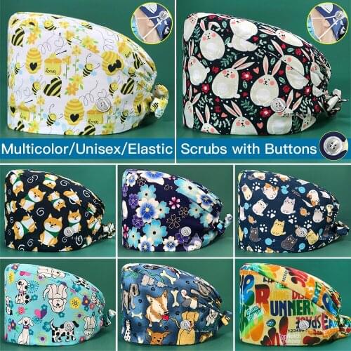 Cartoon Printed Pet Grooming Work Caps Adjustable Pharmacist Hats Multicolor Scrubs Caps Buttons Cotton Dental Hospital Work Hat