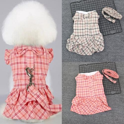 New Dog Cat Dress Shirt Plaid&Bow with Matching Dog Leash Pet Puppy Skirt Spring/Summer clothes apparel 5 sizes