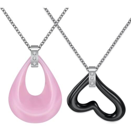 PINK White Black Ceramic Heart Pendant Necklace Fashion Stainless steel chain Lover Necklace For Women