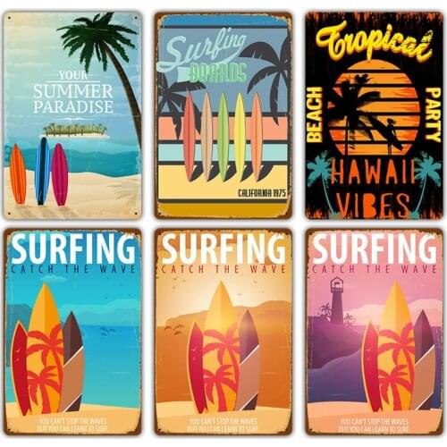Custom New Beach Retro Tin Painting Surf Beach Restaurant Background Wall Decoration Painting Club Wall Tin Sign