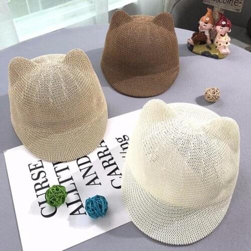 2021 New Kids Hat Breathable Children Girls Boys Summer Straw Hat Lovely Ears Toddler Travel Beach Cap Baby Beanie Bonnet