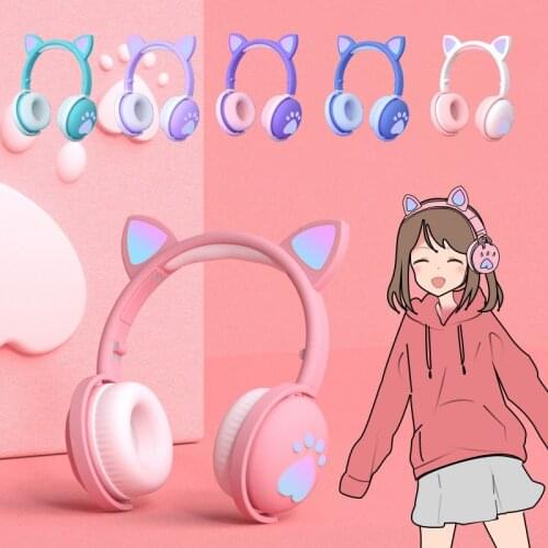 Best Gift Bluetooth 5.0 Headphones LED Cat Ear Foldable Headset HiFi Stereo Bass With Mic 3.5mm Plug For Girls Kids Headphone