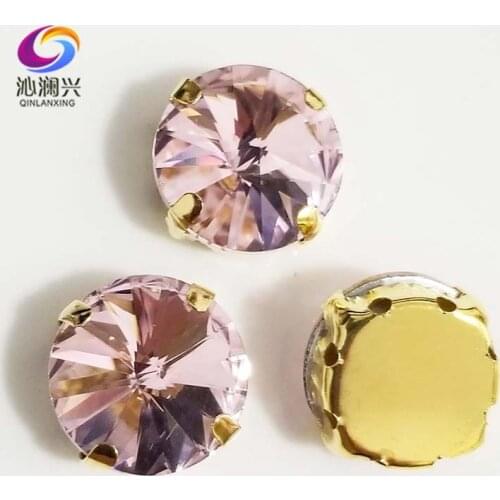 Pink round shape golden bottom AAA Glass Crystal sew on claw rhinestones with holes,Diy Clothing accessories SWRG09