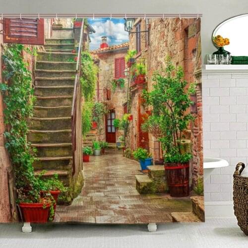 Tuscany Decor Shower Curtain Landscape Italian Culture Old Mediterranean Street with Stone Rock Houses Bathroom Curtain for Bath