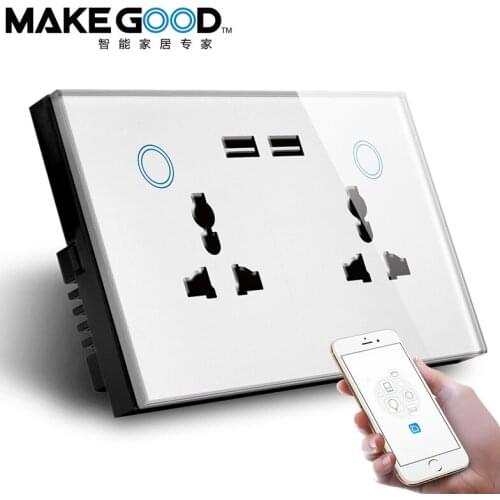 Makegood Socket State,Crystal Glass Panel Wifi Universal Double Sockets Wall Power Sockets with USB Charger Support