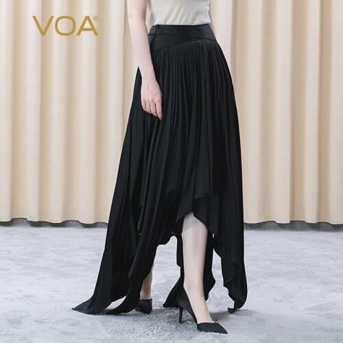 VOA Black 19m/m Elastic Satin Silk Simple Casual Natural Waist Asymmetric Stitching Joker Skirt CE60 Faldas Mujer Moda 2021