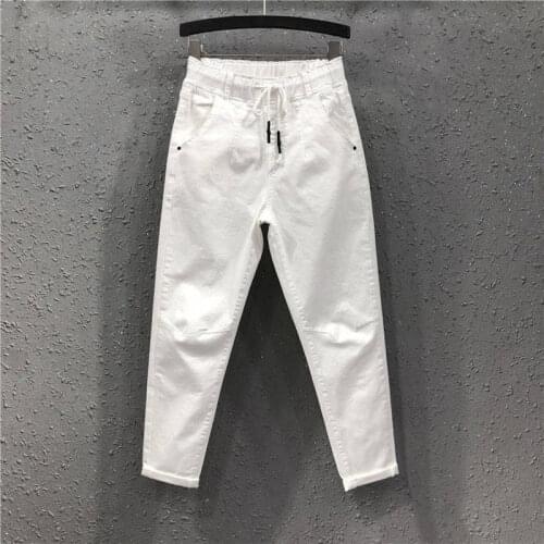 Spring Summer Women Cotton Denim Pants Plus Size Elastic Waist Loose Harem Pants Female Casual Ankle-length White Jeans