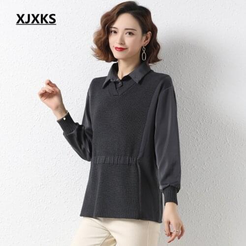 XJXKS Knitted Pullovers Women Sweaters 2021 New Spring Turn-down Collar Long Sleeved Jumper Thin Pull Femme Sweater