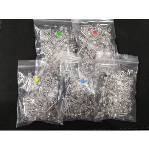 1000PCS=5 colour*200pcs Transparent cover F5mm White Red Blue Green Yellow LED Light-Emitting Diode Water clear Assorted kit 5MM