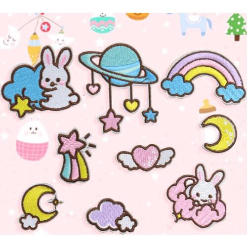 Self-adhesive Planet Moon Bunny Parches Embroidery Iron On Patches For Clothing DIY Cute Stripes Clothes UFO Stickers Appliques