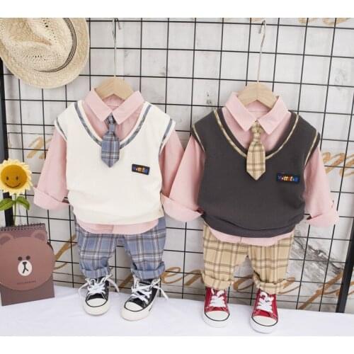 2021 New Spring Autumn Fashion Toddler Boy Clothing Sets Cotton Vest+Bow Tie Shirt+Pants 3pc Children Kids Outfits 1-4 Years