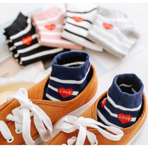 5 Pairs Women Cotton Socks Autumn New Cute Striped Soft Ankle Socks Short Socks Casual Female Girls Lady Animal Red Heart Socks