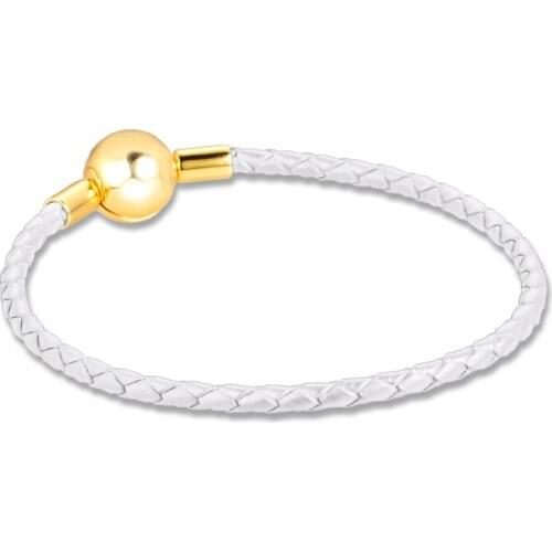 100% 925 Sterling Silver Jewelry White Leather Shine Clip Bracelets Free Shipping