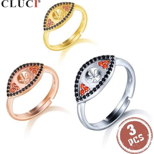 CLUCI 3pcs Silver 925 Mysterious Eye Shaped Women Pearl Ring Mounting Adjustable Silver 925 Zircon Rings Jewelry SR2206SB