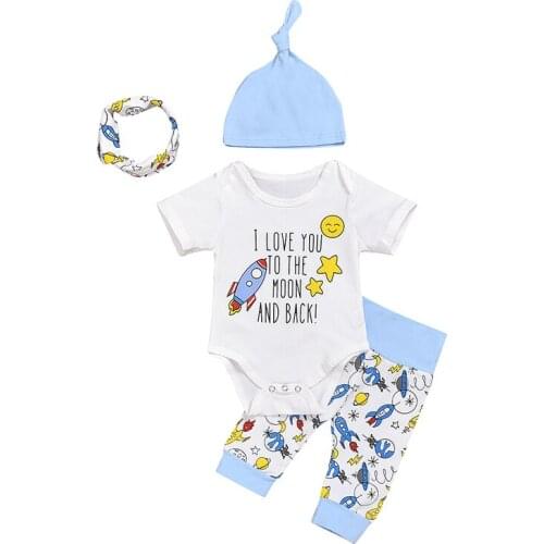 Baby Newborn Boys Girls Short Sleeve Rocket printed romper Trousers Saliva Towel Hat set cotton summer suits 4pcs