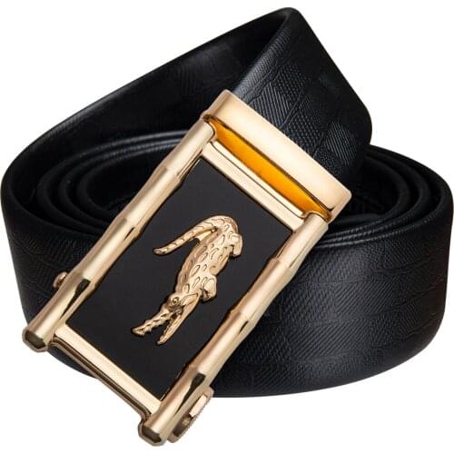Barry.Wang Men Crocodile Belt Black Genuine Leather Belt Gold Automatic Slide Buckle Emboss Belt for Male Waist Strap for Jeans