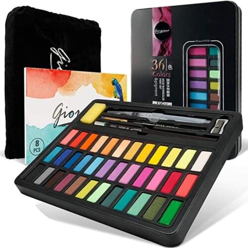 36/48 Colors Solid Pigment High Quality Watercolor Painting Set Water Brush Pen Portable Travel Iron Box Pigment