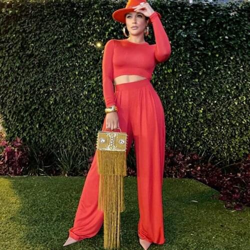 2021 New Solid Red Elegant Two Piece Set Womens Slim Crop Top and Pants Loose High Waist Palazzo Pants Casual Suits Street Sets