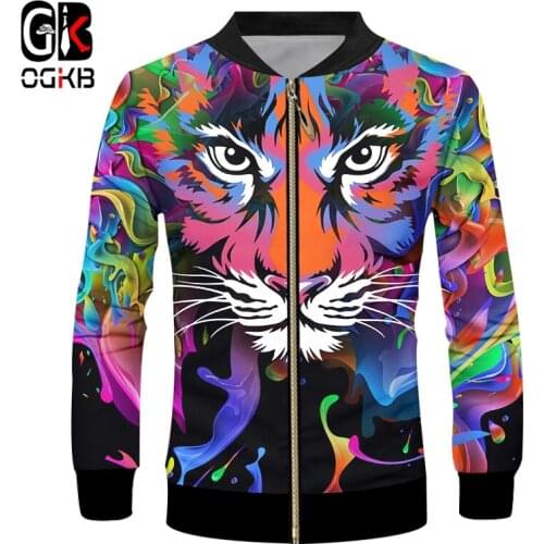 OGKB Brand New Tiger Zipper Jacket Men 3d Print Colorful Paint Hip Hop Cool Loog Sleeve Funny Design Casual Coat Oversized